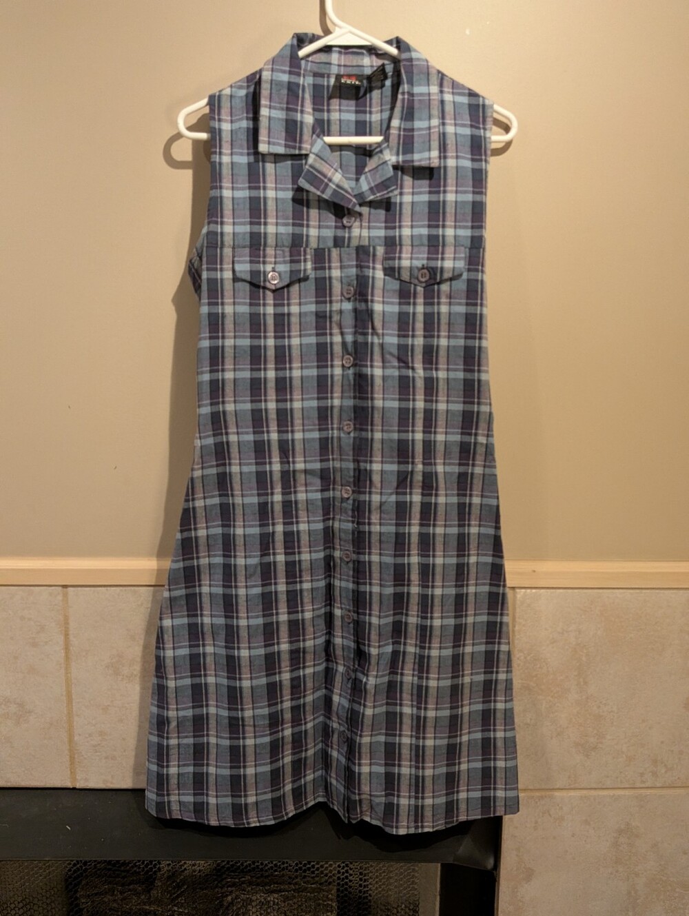 Emergency Exit, Sleeveless Button Up Sundress w Back Tie, Navy Plaid, Size L